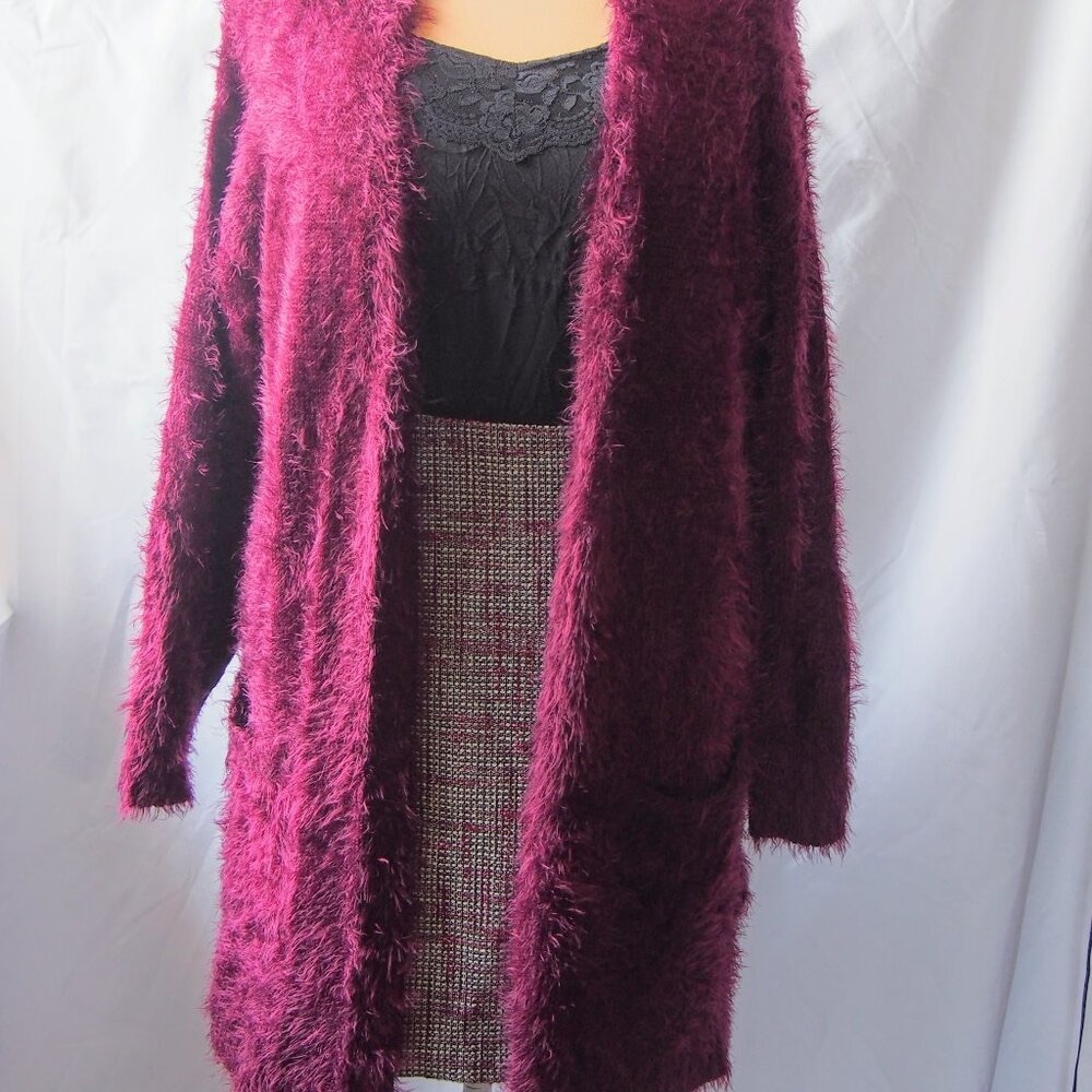 Chelsea & Theodore Plum Fuzzy Long Cardigan, Open Front Size L